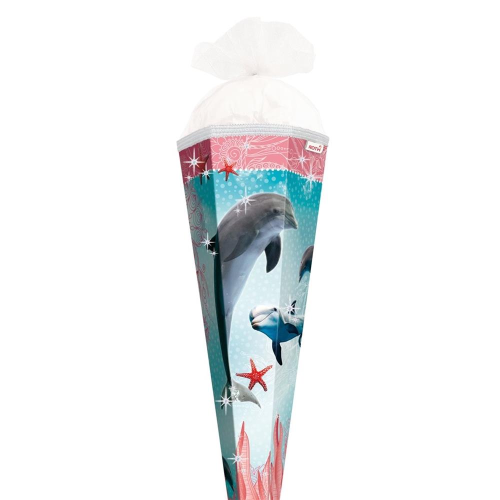 Roth Schultüte Delfin mit Seesternen, 85cm, eckig, Rot(h)-Spitze, Tüllverschluss, Glitter, Glitzerborte
