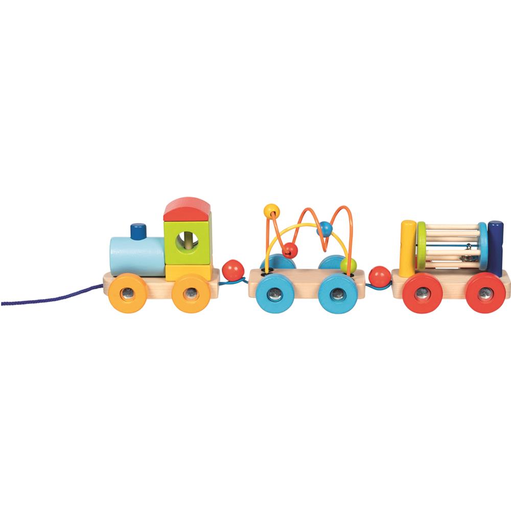 goki Zug Rio – Holz- und Metallspielzeug mit Steckbauklötzen, Motorikschleife und Rassel, für Kinder ab 2 Jahren