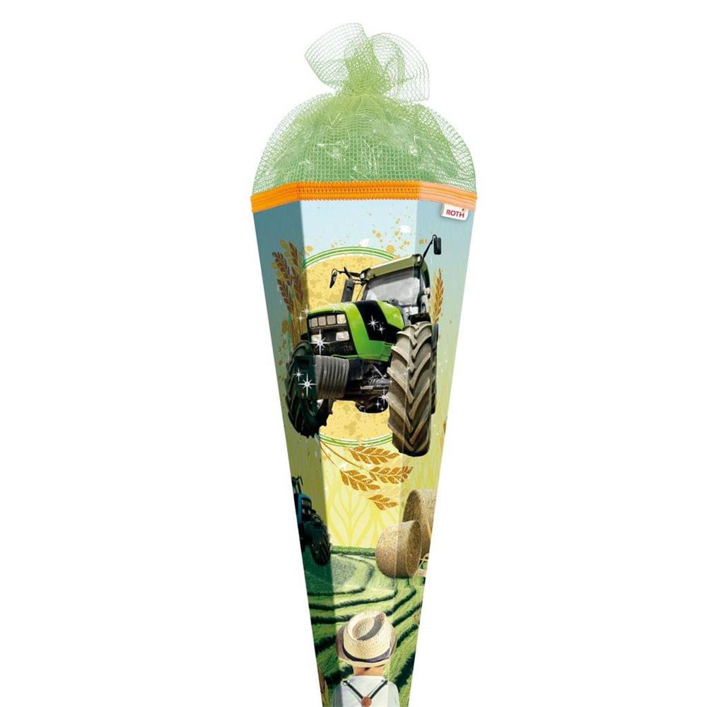 Roth Schultüte Traktor, 85cm, eckig, Rot(h)-Spitze, Netzverschluss, Folieneffekt
