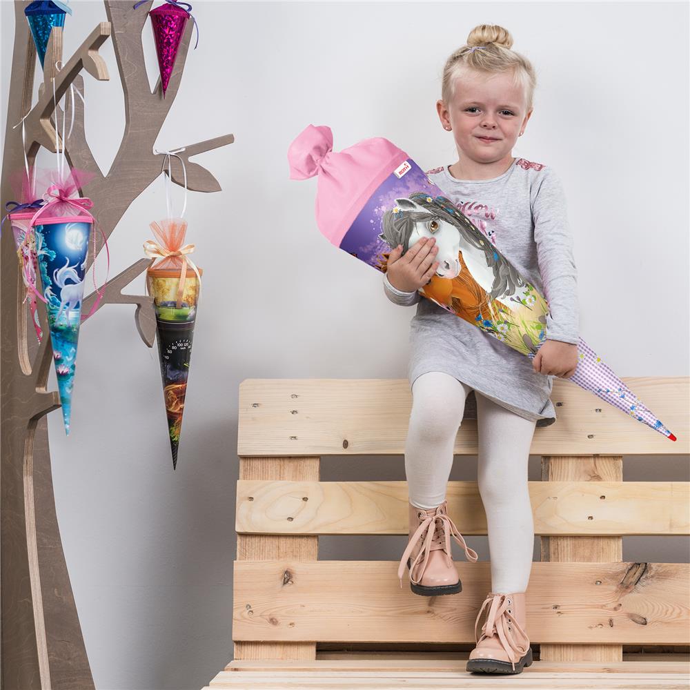 Roth Schultüte Blumenpferde, 70cm, rund, Rot(h)-Spitze, Filzverschluss