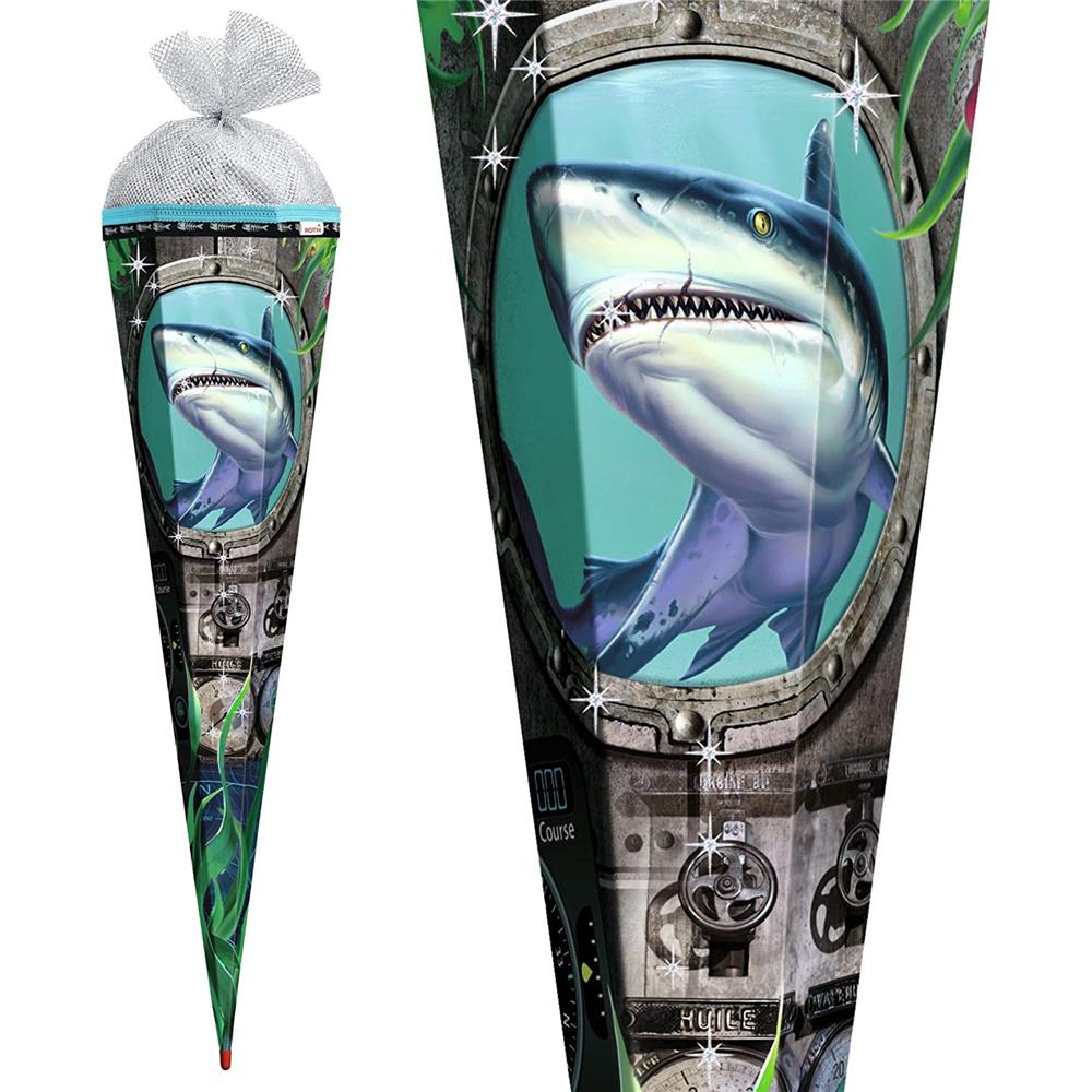 Roth Schultüte Hai, 85cm, eckig, Rot(h)-Spitze, Tüllverschluss (Silbertüll), Folieneffekt