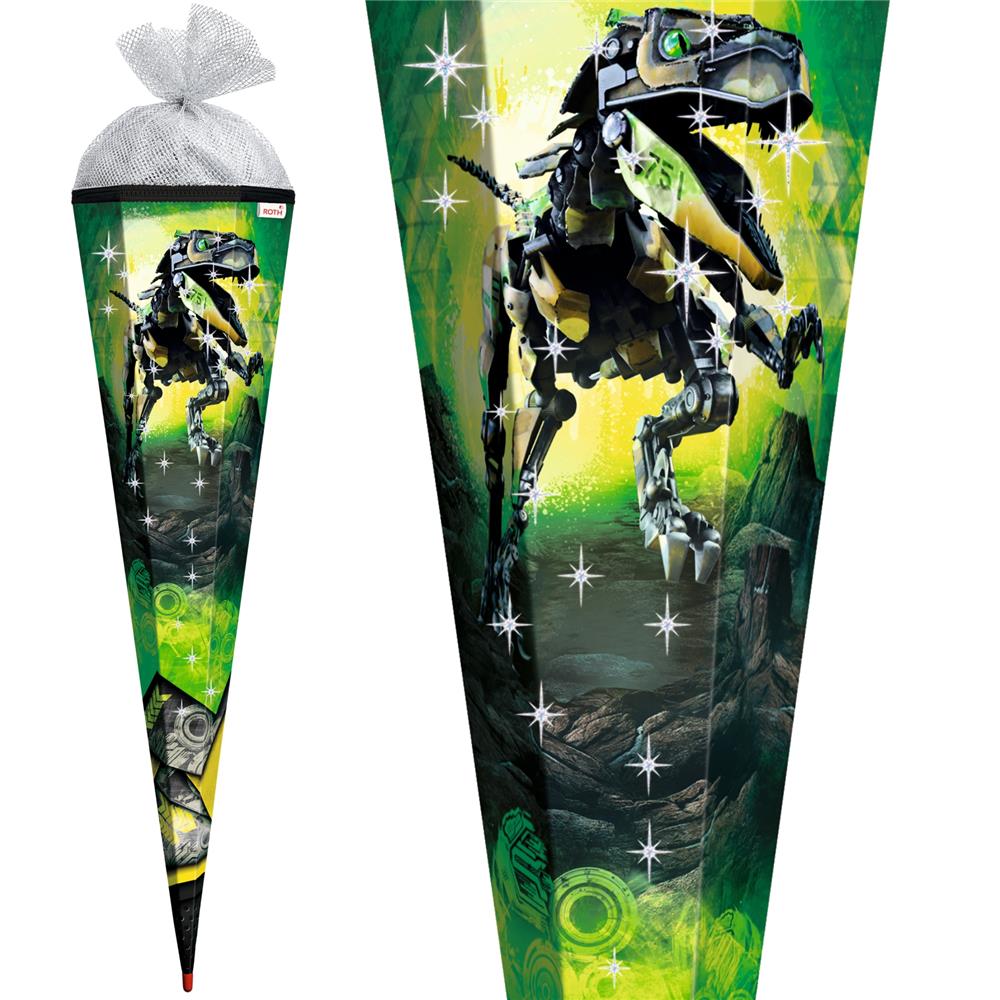 Roth Schultüte Dinosaurier Robo-Rex, 85cm, eckig, Rot(h)-Spitze, Tüllverschluss (Silbertüll), Folieneffekt