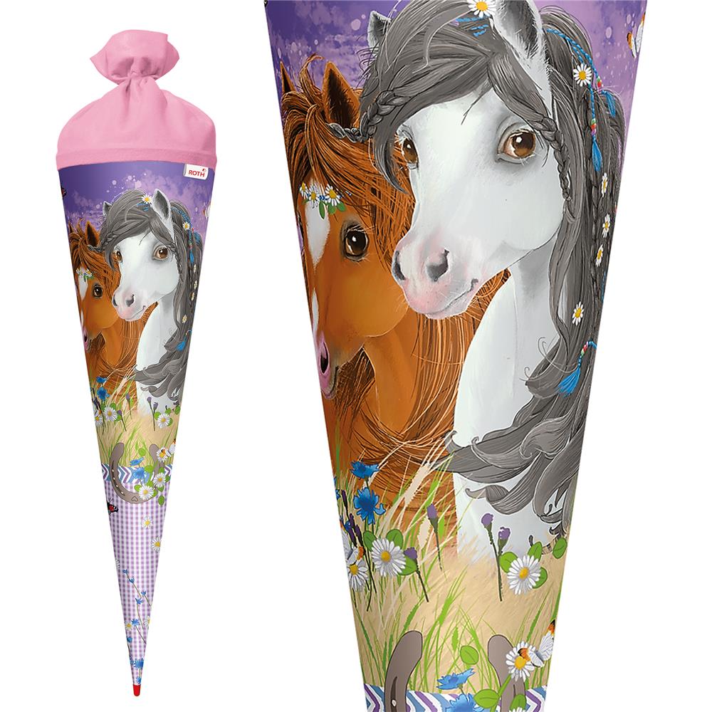 Roth Schultüte Blumenpferde, 70cm, rund, Rot(h)-Spitze, Filzverschluss