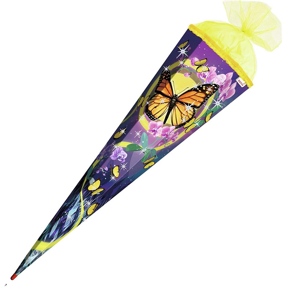 Roth Schultüte Schmetterling, 85cm, eckig, Rot(h)-Spitze, Tüllverschluss, Glitter, Rüschenborte