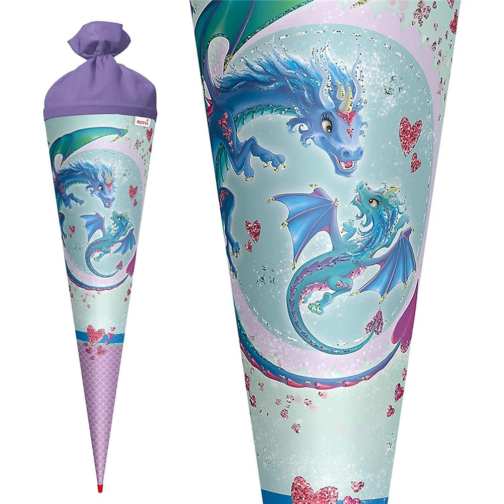 Roth Schultüte Drachenliebe, 70cm, rund, Rot(h)-Spitze, Filzverschluss, Glitter