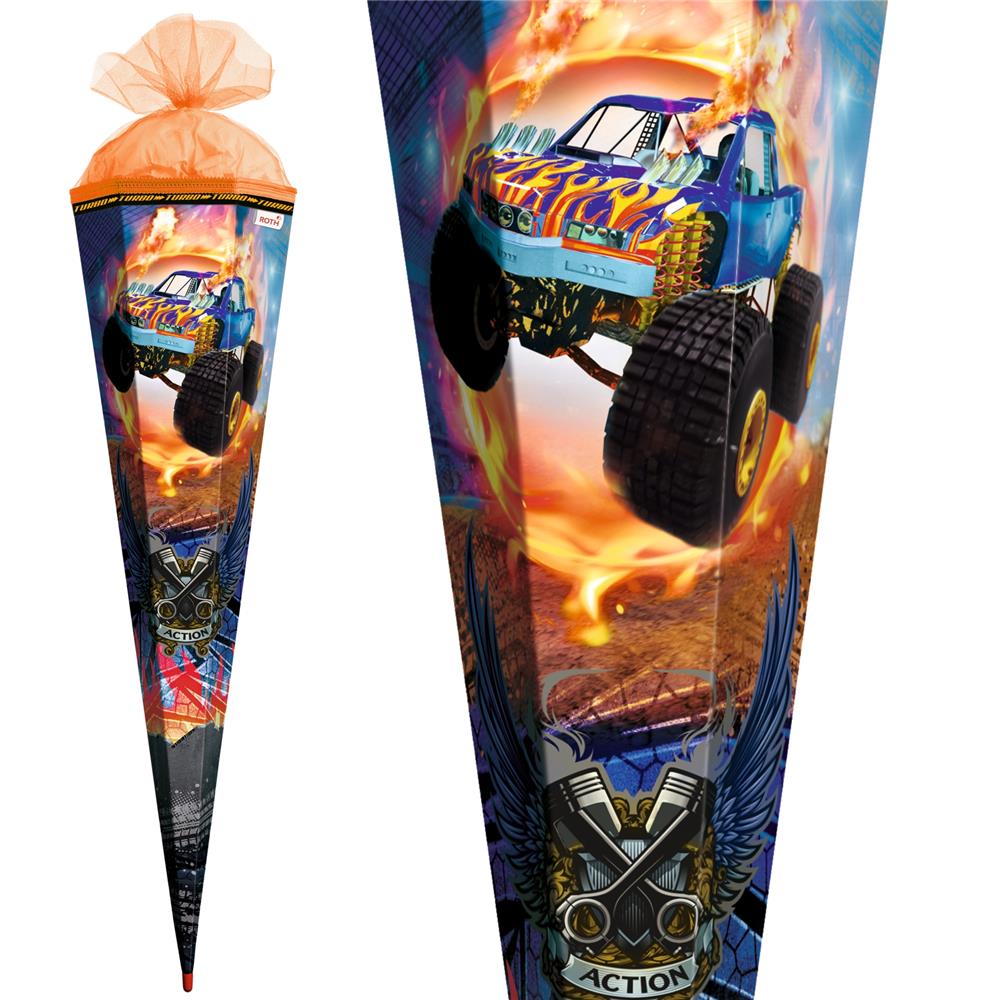 Roth Schultüte Monstertruck Fire, 85cm, eckig, Rot(h)-Spitze, Tüllverschluss