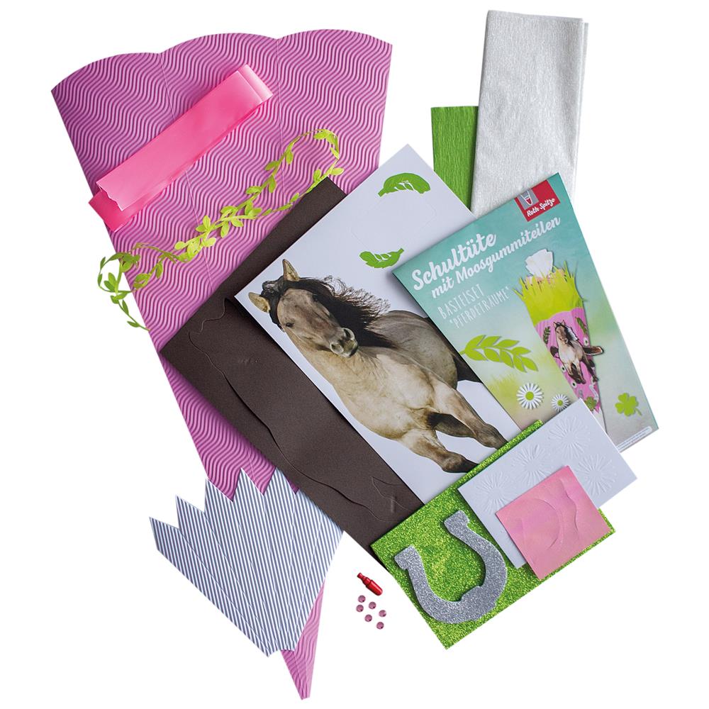 Roth Schultüte-Bastelset, Pferdeträume, 68cm, eckig, Rot(h)-Spitze, Kreppverschluss