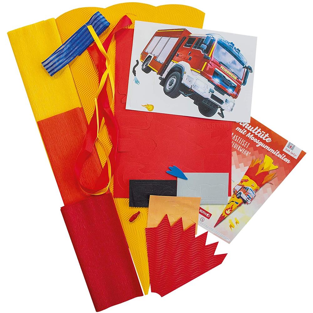 Roth Schultüte-Bastelset, Feuerwehr, 68cm, eckig, Rot(h)-Spitze, Kreppverschluss