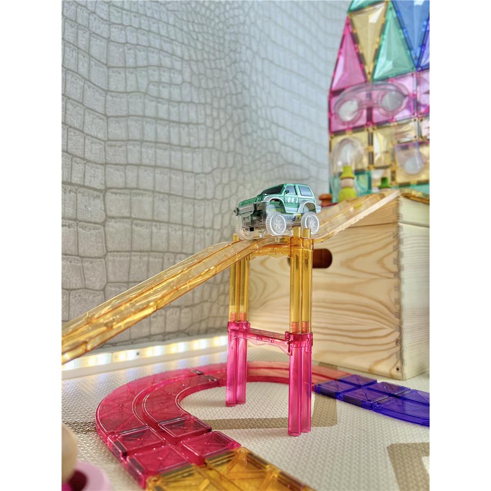 Cleverclixx Autobahn-Bausatz in Pastellfarben 80 Teile, Magnetspielzeug Rennstrecke mit Auto & Verkehrsschilder