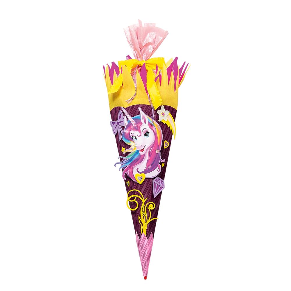 Roth Schultüte-Bastelset, Einhornportrait, 68cm, eckig, Rot(h)-Spitze, Kreppverschluss