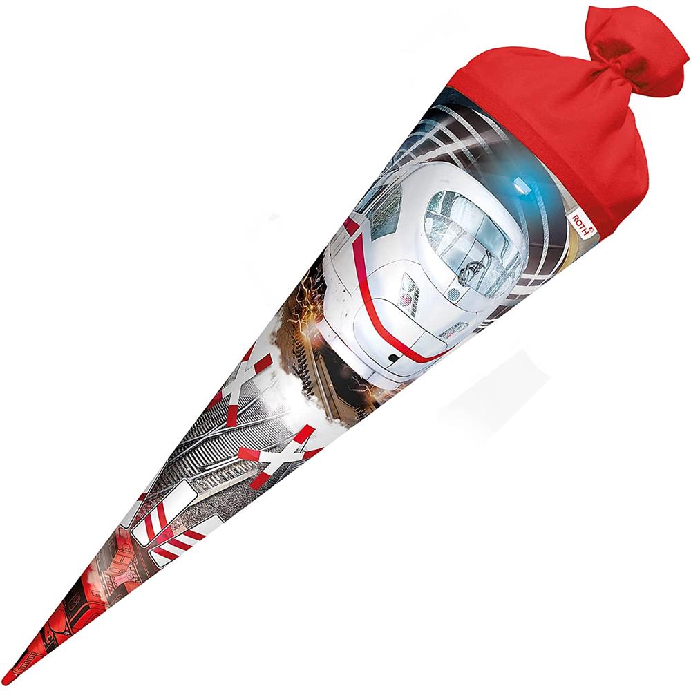 Roth Schultüte Schnellzug, 70cm, rund, Rot(h)-Spitze, Filzverschluss, Folieneffekt