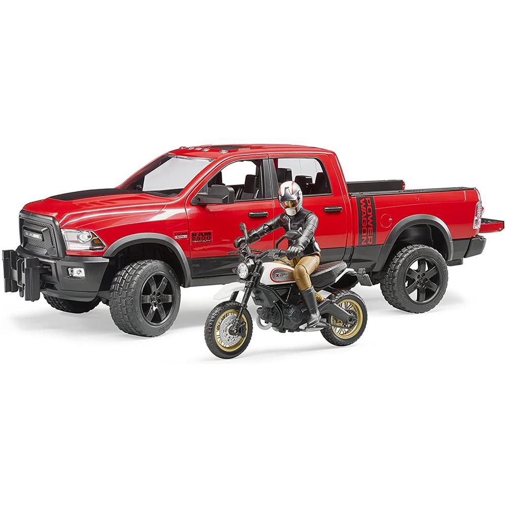 Bruder 02502 - RAM 2500 Power Wagon mit Scrambler Ducati Desert Sled u. Fahrer