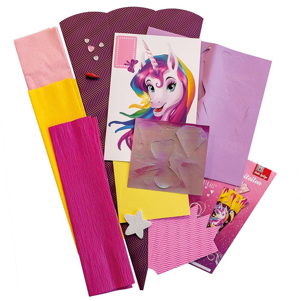 Roth Schultüte-Bastelset, Einhornportrait, 68cm, eckig, Rot(h)-Spitze, Kreppverschluss