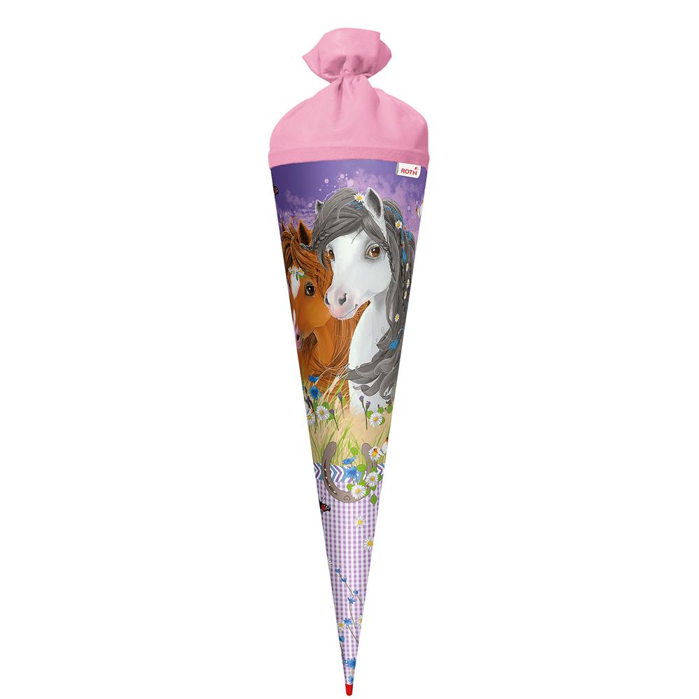 Roth Schultüte Blumenpferde, 70cm, rund, Rot(h)-Spitze, Filzverschluss