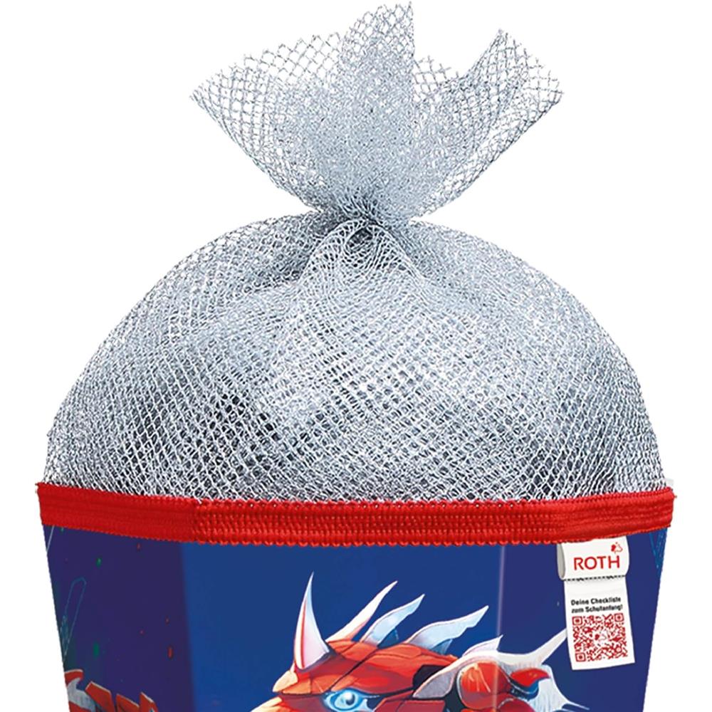 Roth Schultüte Robo Drache, 85cm, eckig, Rot(h)-Spitze, Tüllverschluss (Silbertüll), Folieneffekt