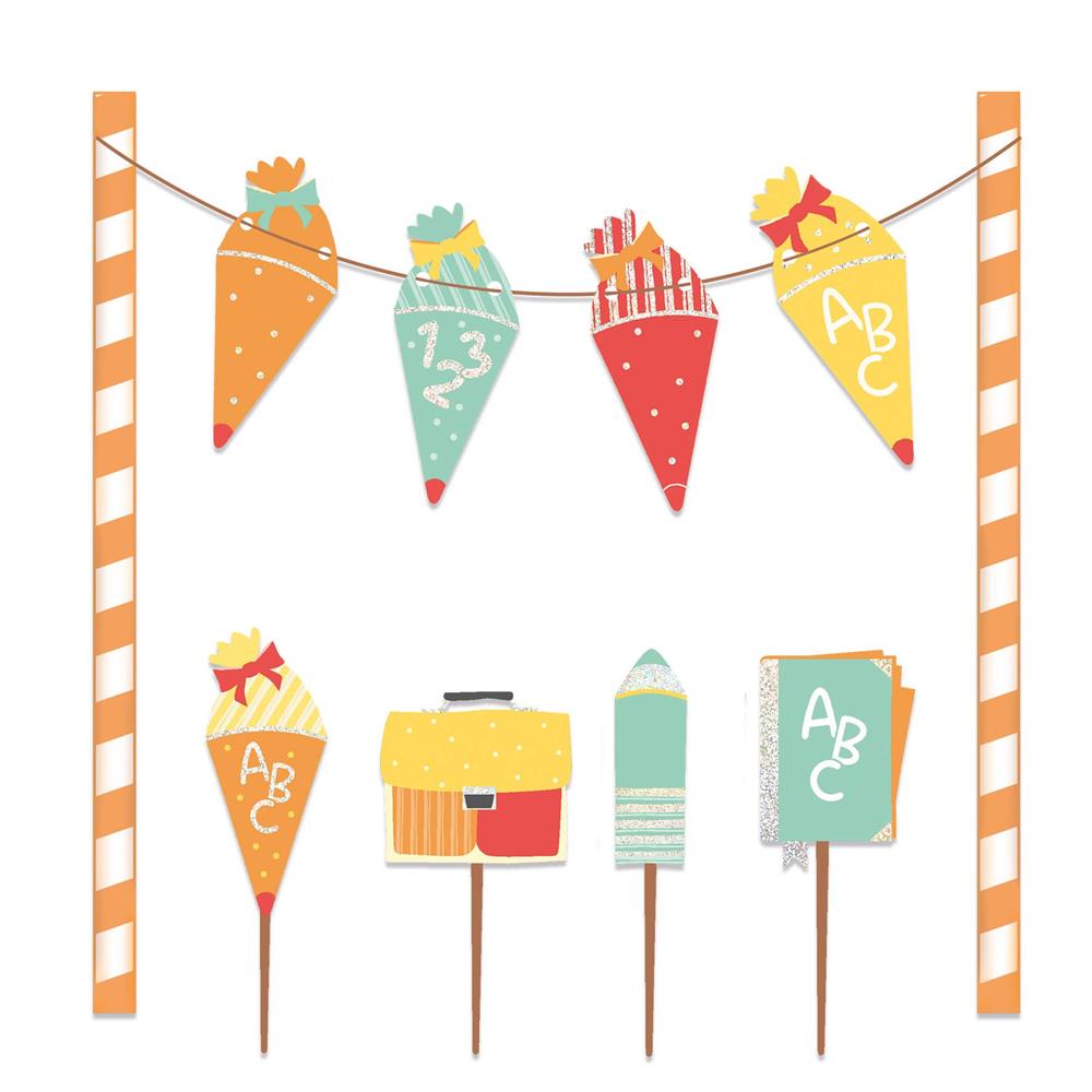 Roth Tortendekoration zur Einschulung, 11-Teilig, 1 Girlande und 4 Motivstecker, mit Glitzerfolie