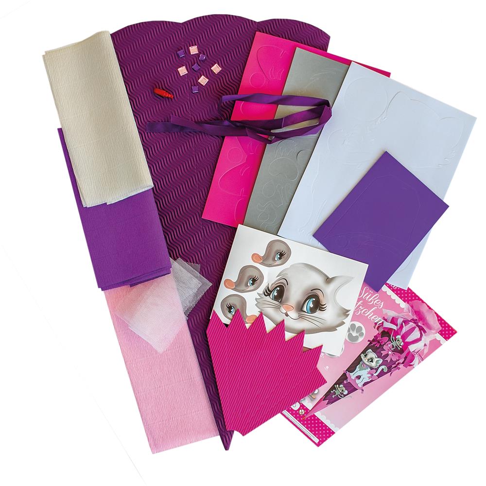 Roth Schultüte-Bastelset, Kätzchen, 68cm, eckig, Rot(h)-Spitze, Kreppverschluss