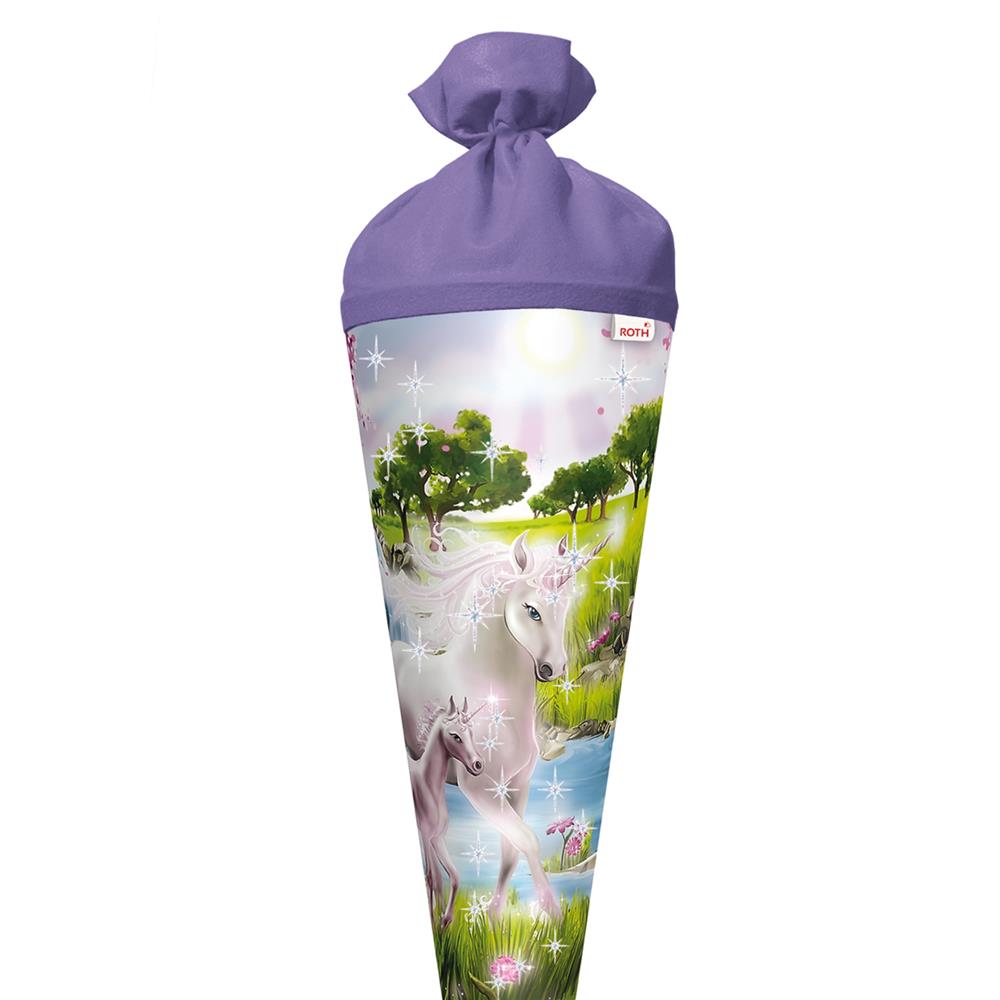 Roth Schultüte Einhorn mit Fohlen, 70cm, rund, Rot(h)-Spitze, Filzverschluss, Glitter
