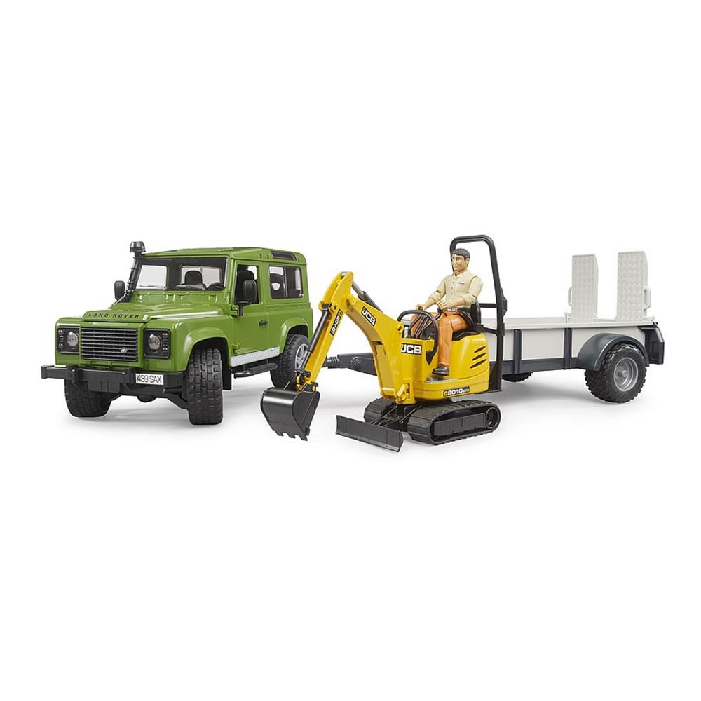 Bruder 02593 - Land Rover Defender, JCB Mikrobagger 8010 CTS und Bauarbeiter