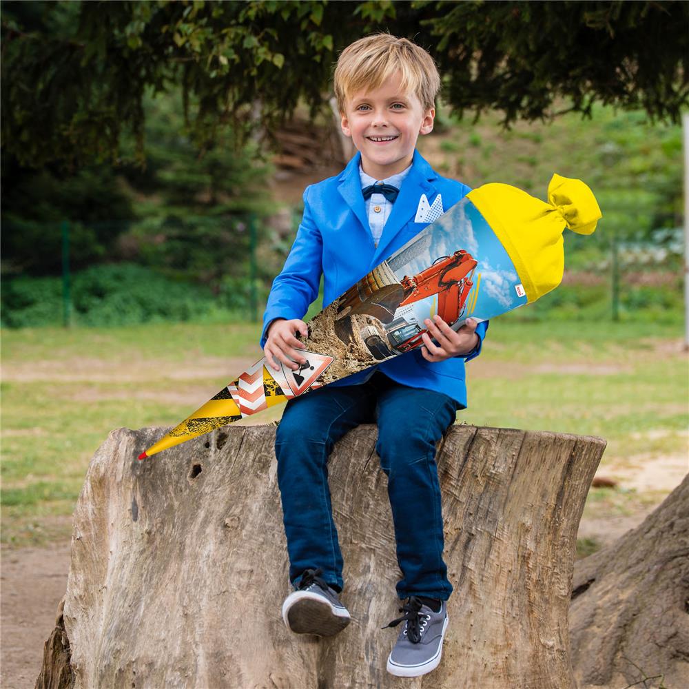 Roth Schultüte Achtung Bagger, 70cm, rund, Rot(h)-Spitze, Filzverschluss, Folieneffekt