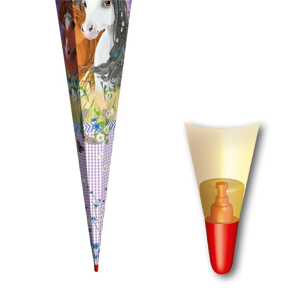 Roth Schultüte Blumenpferde, 85cm, eckig, Rot(h)-Spitze, Tüllverschluss, Glitter