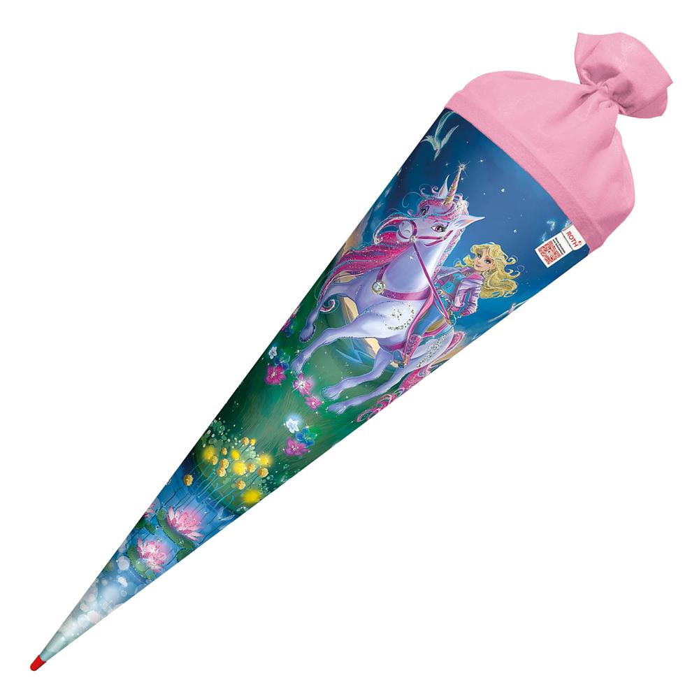 Roth Schultüte Magische Einhornreiterin, 70cm, rund, Rot(h)-Spitze, Filzverschluss, Glitter