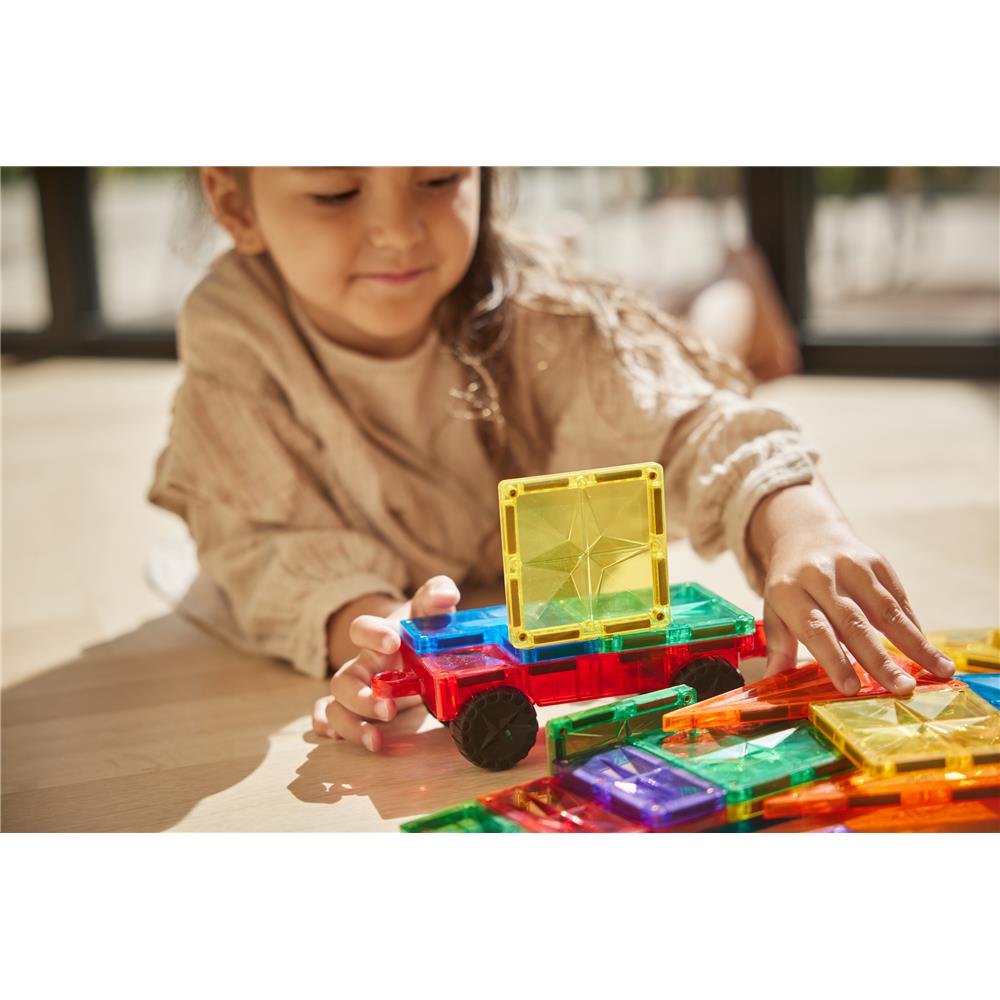 Cleverclixx Auto-Bausatz in Knallfarben 25 Teile, Magnetspielzeug Auto mit Rädern, Erweiterungsset
