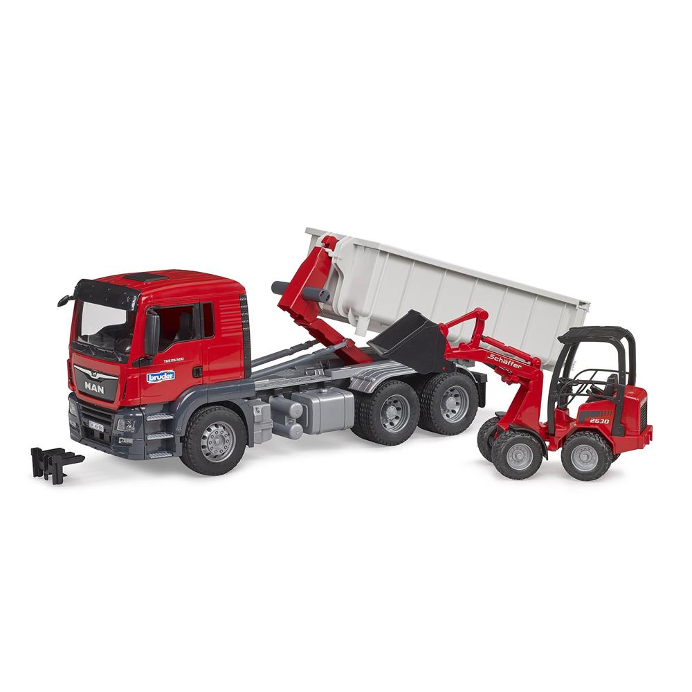 Bruder 03767 - MAN TGS LKW mit Abrollcontainer + Schäffer Hoflader 2630, 1:16