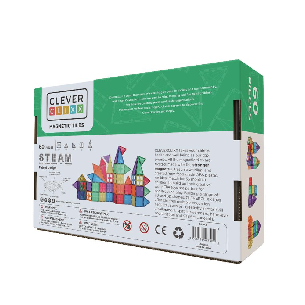 Cleverclixx Original-Bausatz in Knallfarben 60 Teile, langlebiges Magnetspielzeug, Magnetfliesen