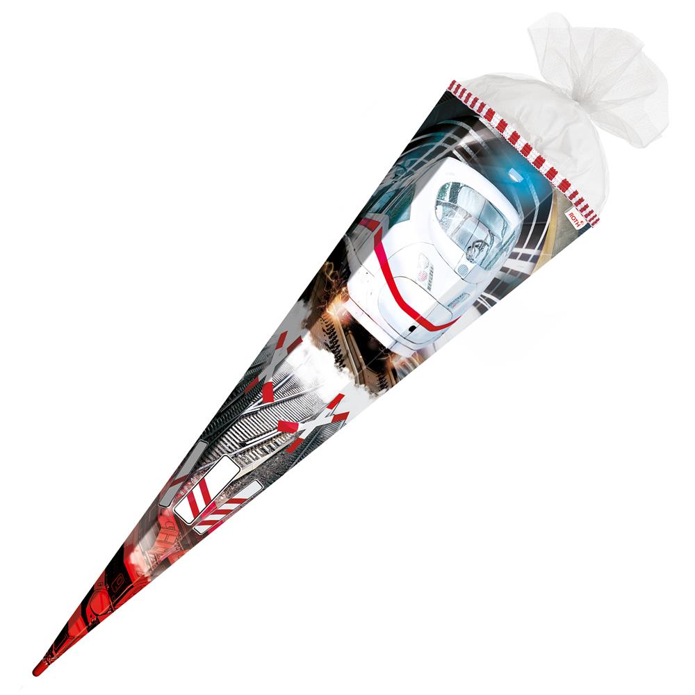 Roth Schultüte Schnellzug, 85cm, eckig, Rot(h)-Spitze, Tüllverschluss, Folieneffekt