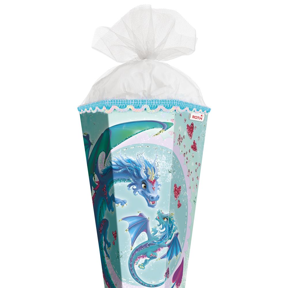 Roth Schultüte Drachenliebe, 85cm, eckig, Rot(h)-Spitze, Tüllverschluss, Glitter, Pailettenborte