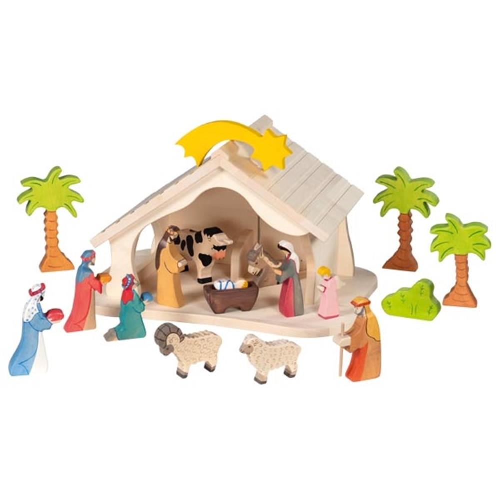 Holztiger Stall und Krippe, als Bauernhof oder Weihnachtskrippe, Holzspielzeug, ab 3 Jahren