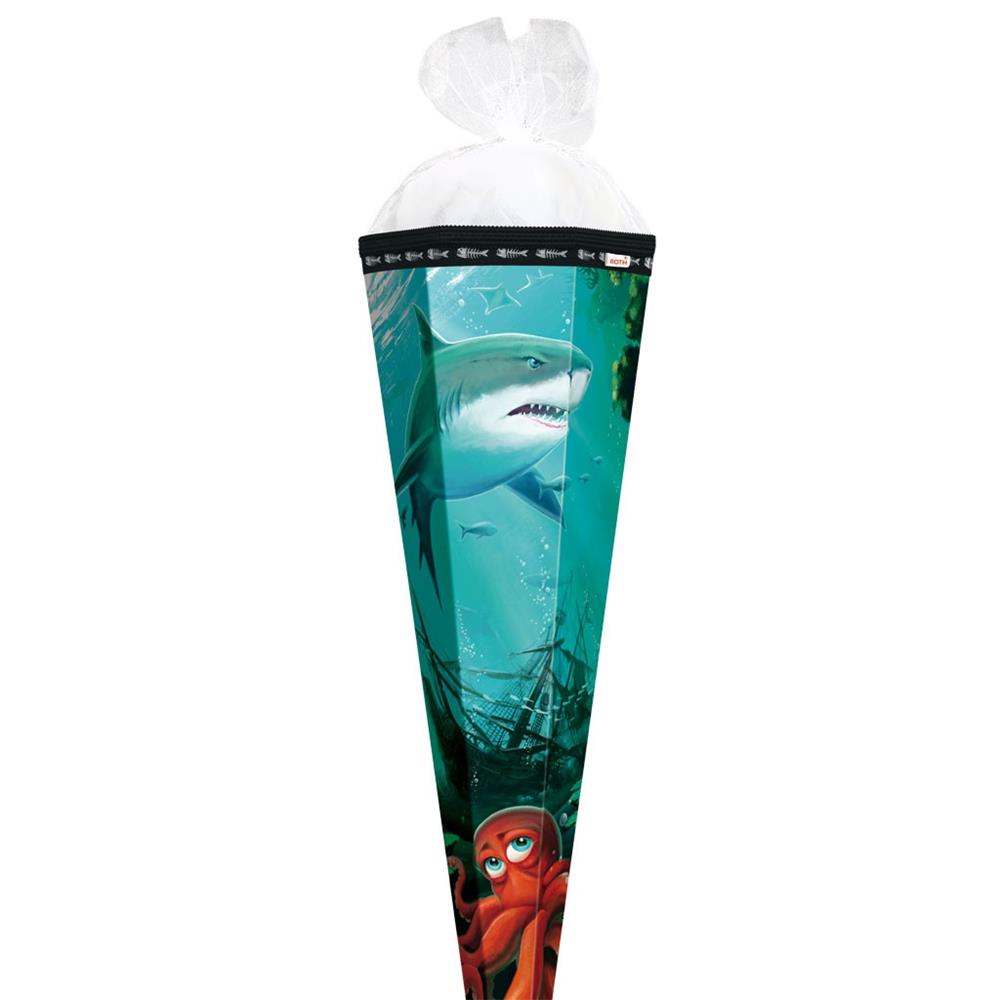 Roth Schultüte Hai mit Krake, 85cm, eckig, Rot(h)-Spitze, Tüllverschluss, Schmuckborte