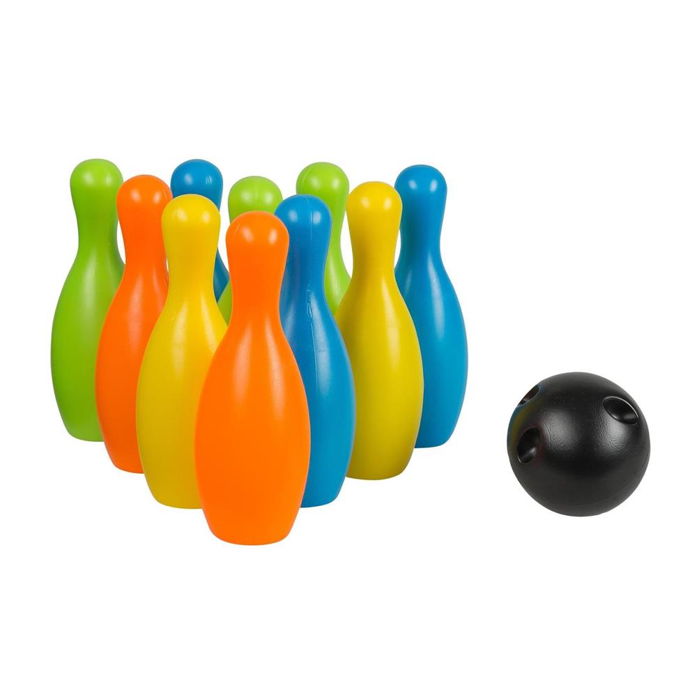 Idena Kegelspiel-Set XXL Bowling für Kinder 10 Kegel aus Kunststoff 2 Kugeln für Drinnen und Draußen mit Tragekorb