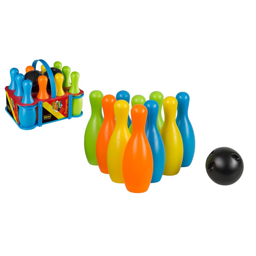 Idena Kegelspiel-Set XXL Bowling für Kinder 10 Kegel aus Kunststoff 2 Kugeln für Drinnen und Draußen mit Tragekorb