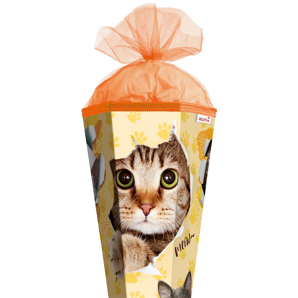 Roth Schultüte Katzenparty, 85cm, eckig, Rot(h)-Spitze, Tüllverschluss