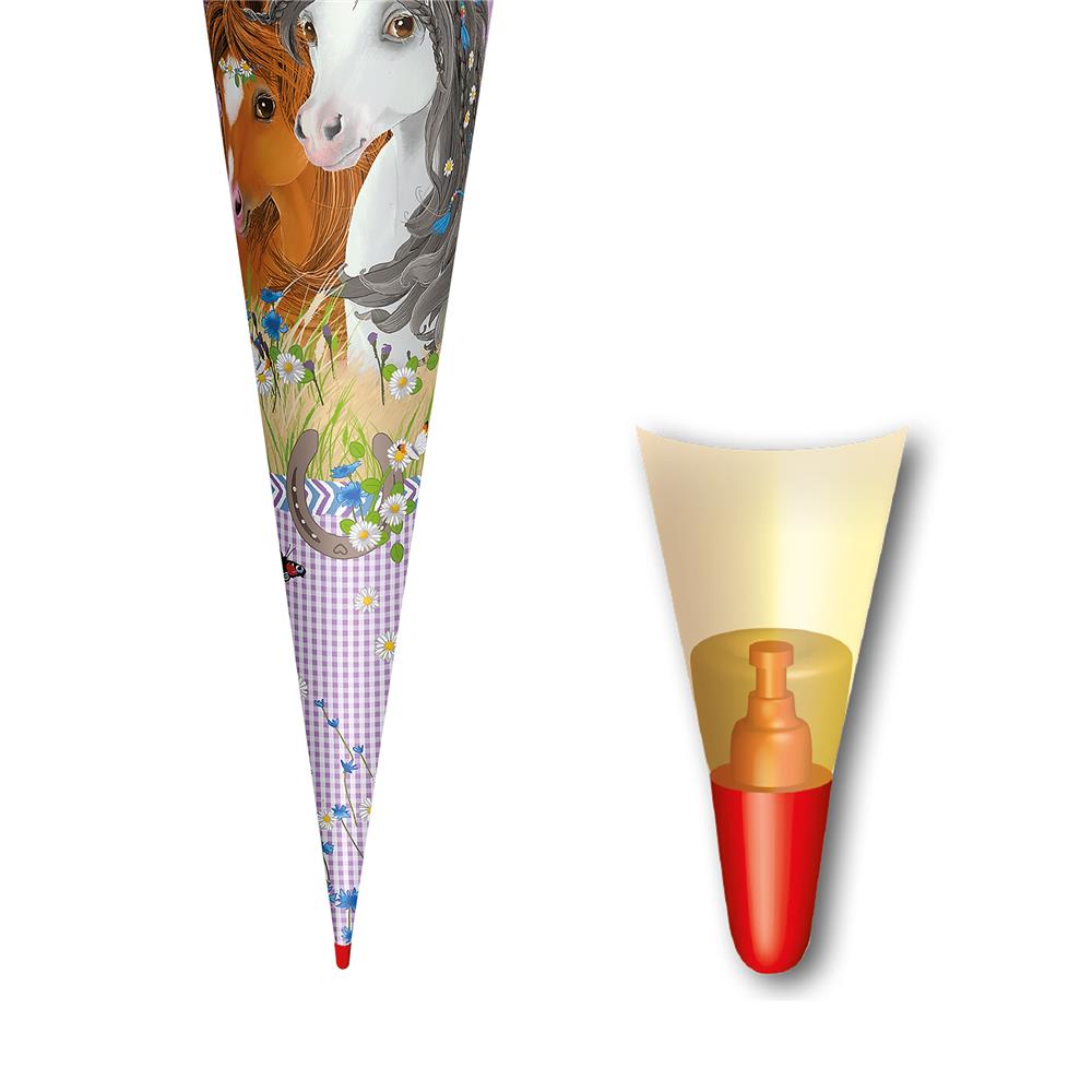 Roth Schultüte Blumenpferde, 70cm, rund, Rot(h)-Spitze, Filzverschluss