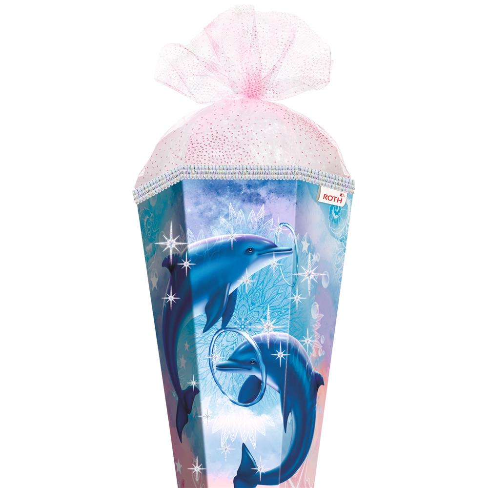 Roth Schultüte Delfine, 85cm, eckig, Rot(h)-Spitze, Tüllverschluss, Glitter, Glitzerborte