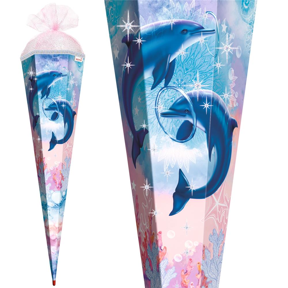 Roth Schultüte Delfine, 85cm, eckig, Rot(h)-Spitze, Tüllverschluss, Glitter, Glitzerborte