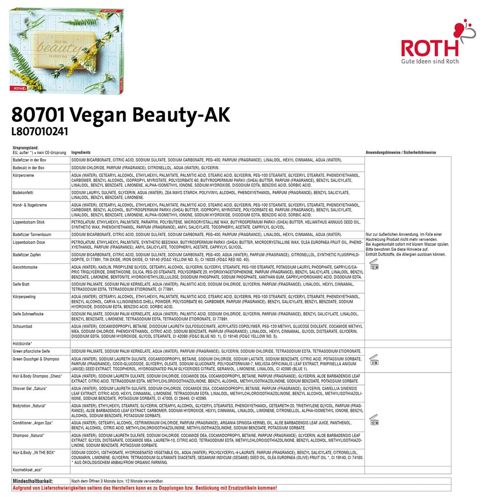 Roth Adventskalender Vegan Beauty – 24 vegane Kosmetikartikel für tierfreie Pflege im Advent