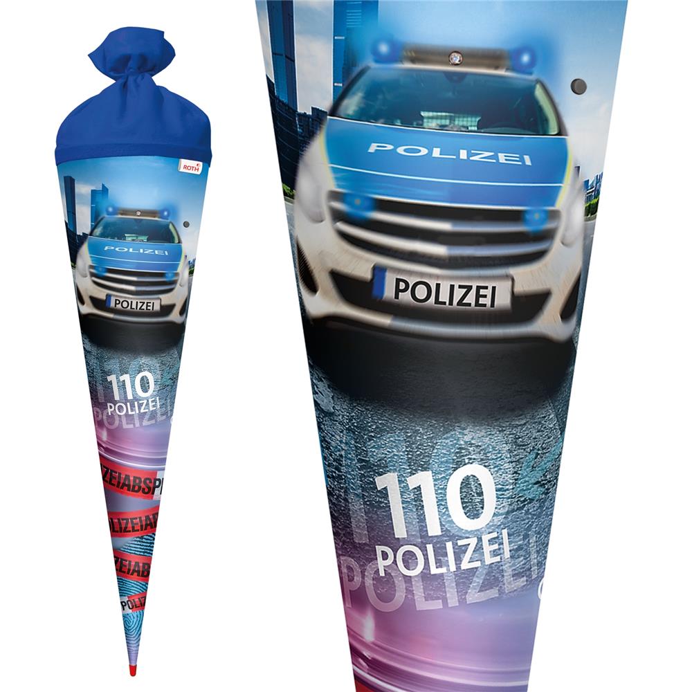 Roth Schultüte Polizei 110, 70cm, rund, Rot(h)-Spitze, Filzverschluss, mit Licht & Sound