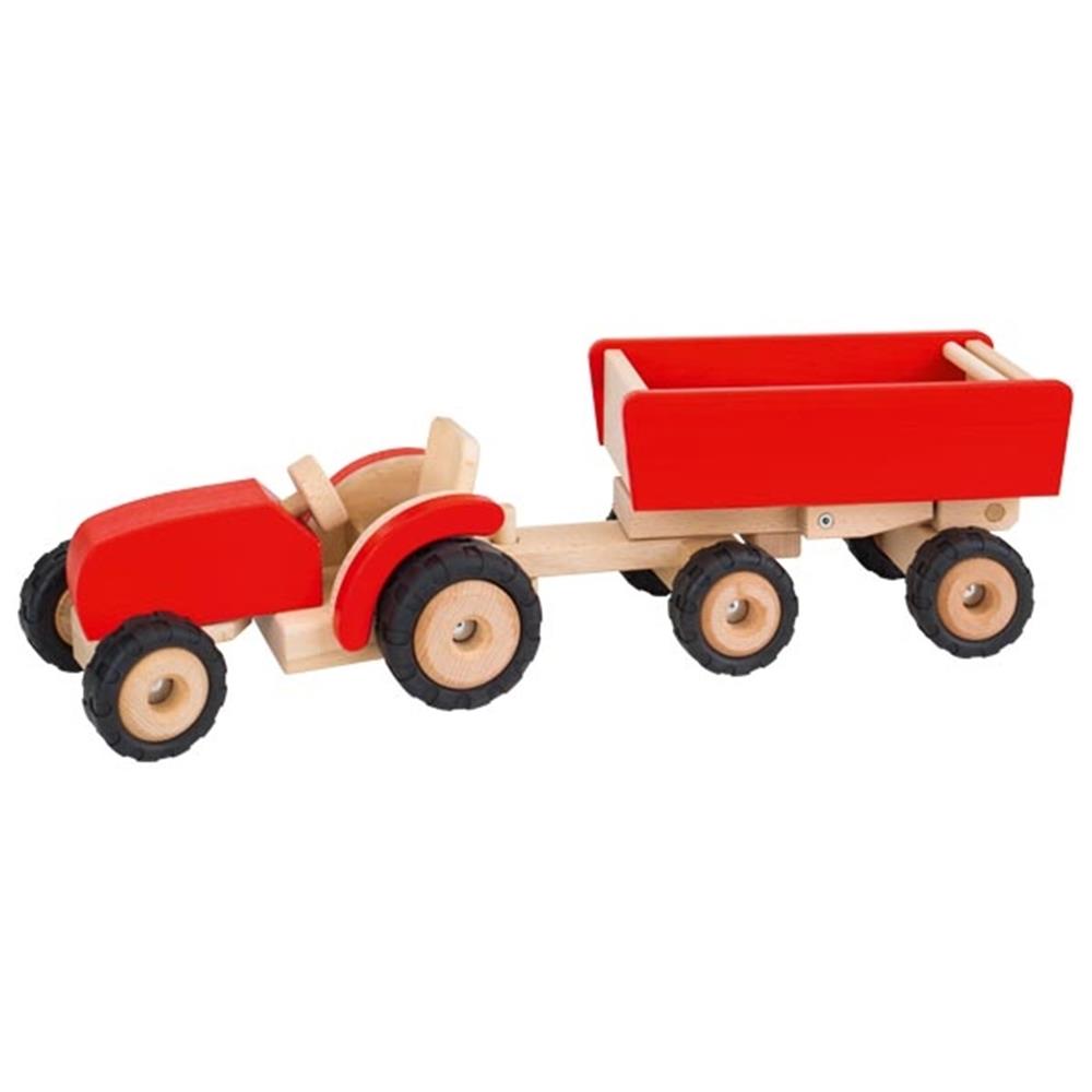 Goki Bauernhoffahrzeug aus Holz - Traktor mit Anhänger, rot