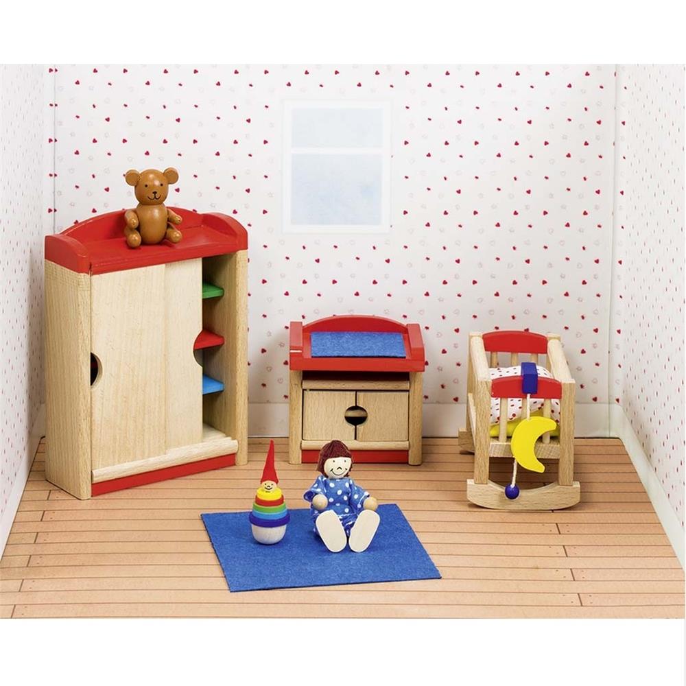 Goki Puppenmöbel Kinderzimmer Baby, 12-teiliges Puppenhauszubehör aus Holz
