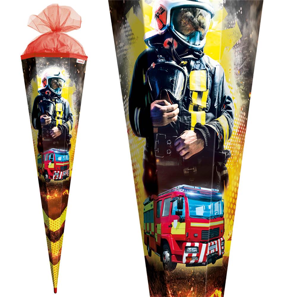 Roth Schultüte Feuerwehrmann, 85cm, eckig, Rot(h)-Spitze, Tüllverschluss