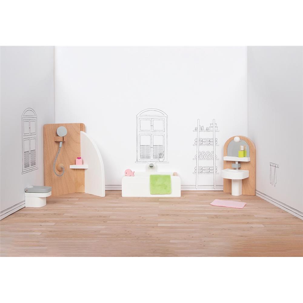 goki Puppenmöbel Style, Badezimmer, 10-teiliges Puppenhauszubehör aus Holz
