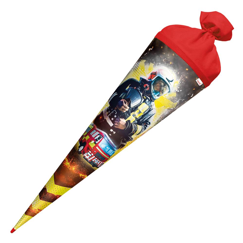 Roth Schultüte Feuerwehrmann, 70cm, rund, Rot(h)-Spitze, Filzverschluss, Folieneffekt