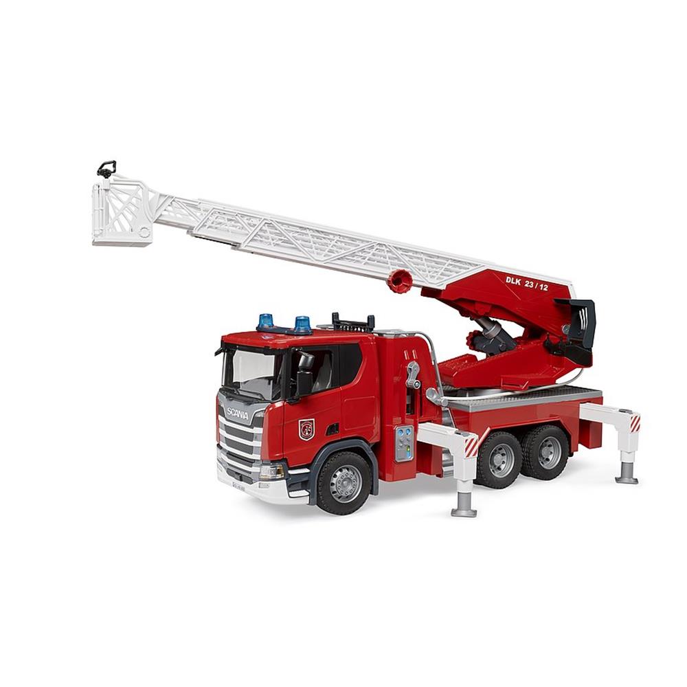 Bruder 03591 - Scania Super 560R Feuerwehr mit Drehleiter, Wasserpumpe, Licht & Sound Modul