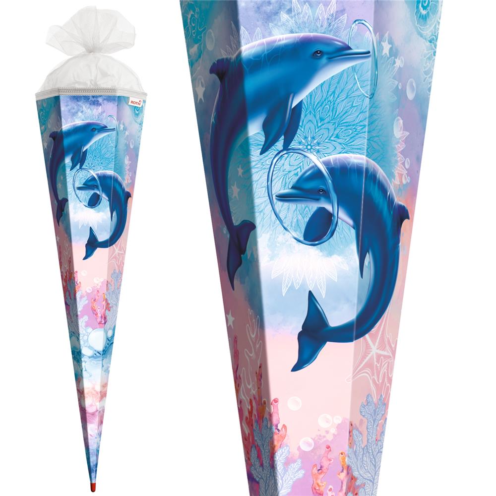 Roth Schultüte Delfine, 85cm, eckig, Rot(h)-Spitze, Tüllverschluss