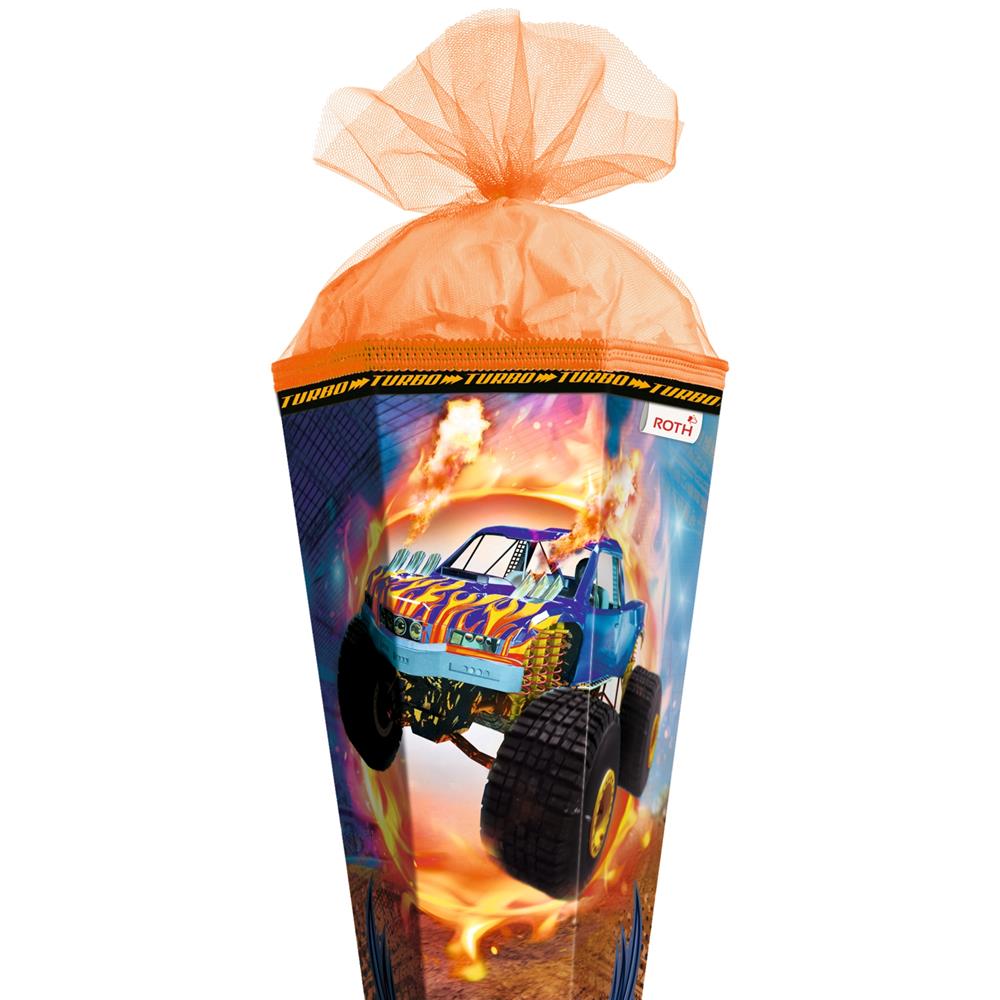 Roth Schultüte Monstertruck Fire, 85cm, eckig, Rot(h)-Spitze, Tüllverschluss