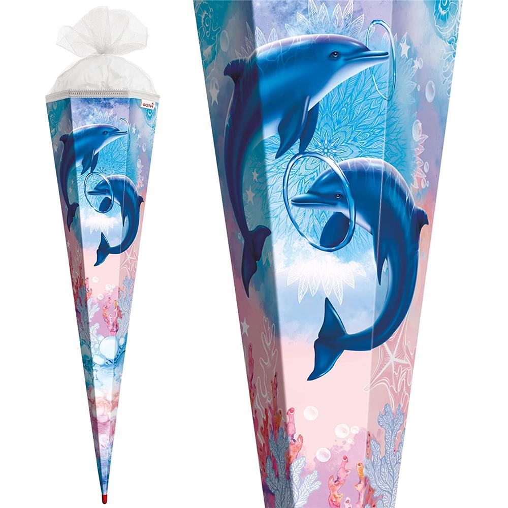 Roth Extra große XXL Schultüte Delfine, 100cm, eckig, Rot(h)-Spitze, Tüllverschluss